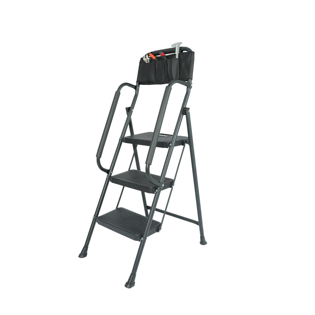 3 Step Folding Ladder with Handrails and Tool Bag, 500 lbs, Black E49046