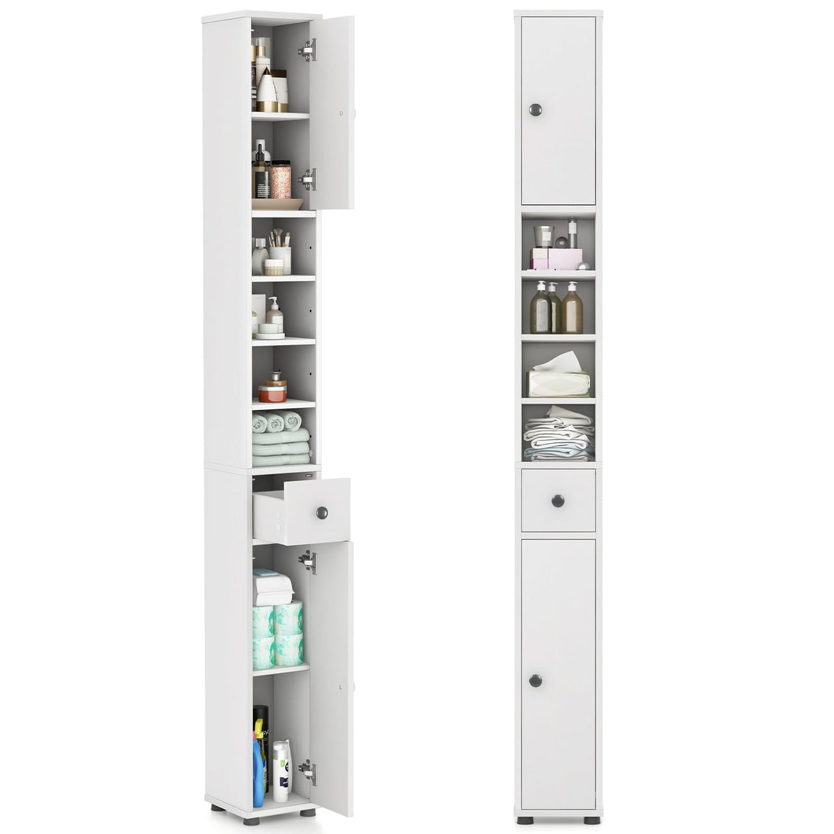 White Tall Slim Bathroom Storage Cabinet with 2 Doors 1 Drawer Q29486