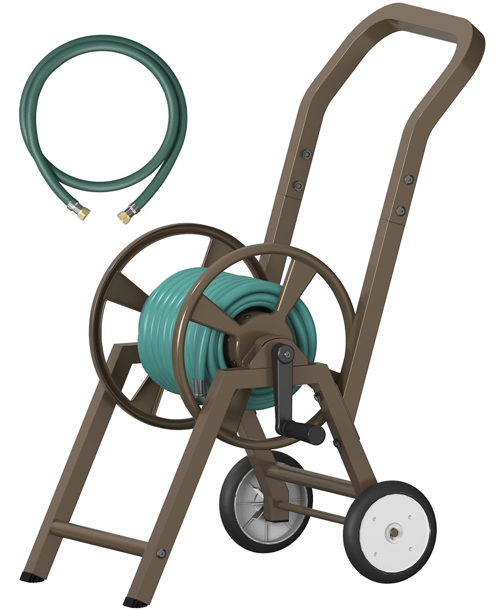 Garden Hose Reel Cart with Wheels, Holds 165 ft of 5/8'' Hose, Heavy Duty Steel, Brown J972