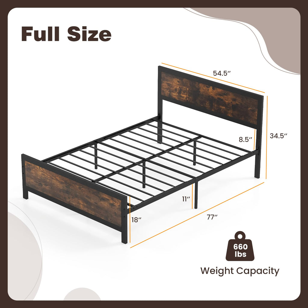 Metal Full Size Platform Bed Frame with Wood Headboard and Footboard K2336
