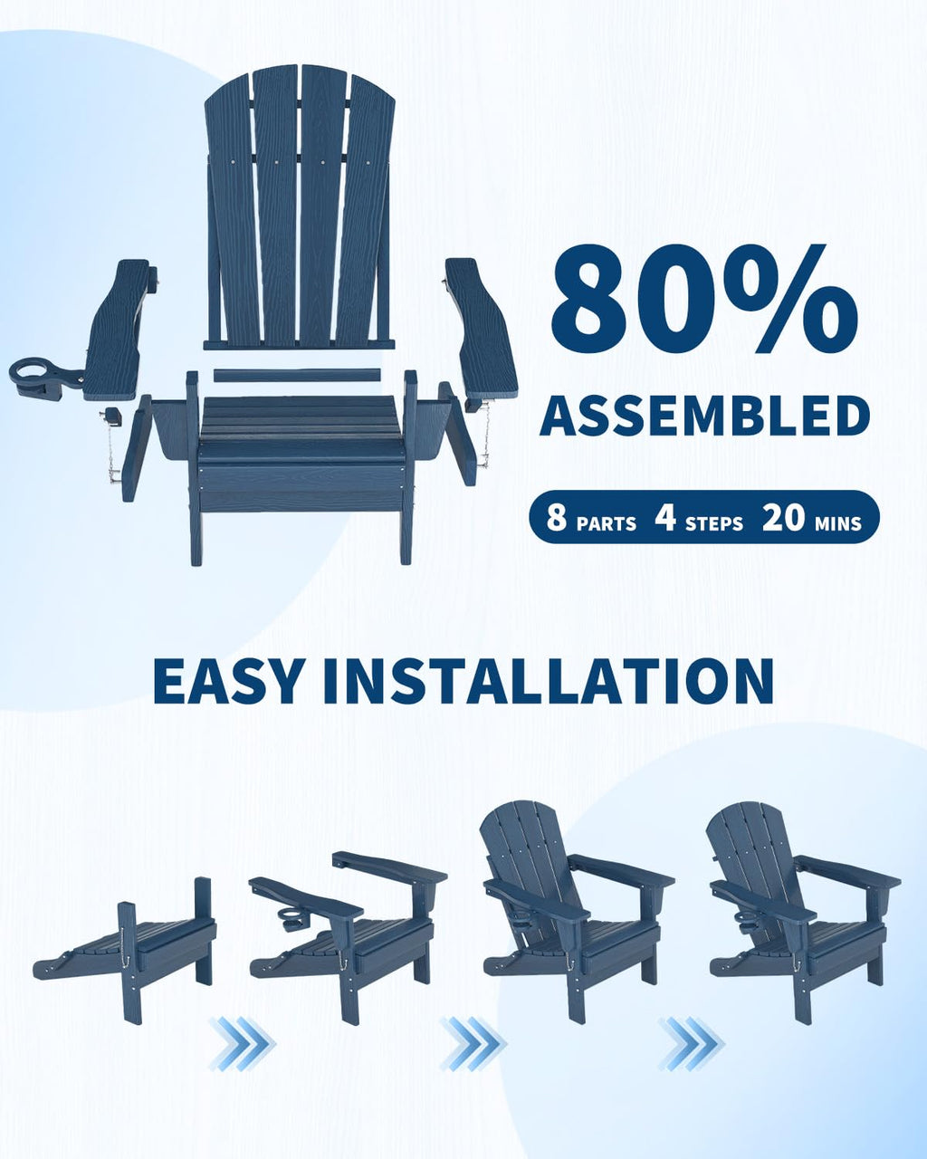 Navy Blue HDPE Folding Adirondack Chair Set of 6 with Cup Holder W3728
