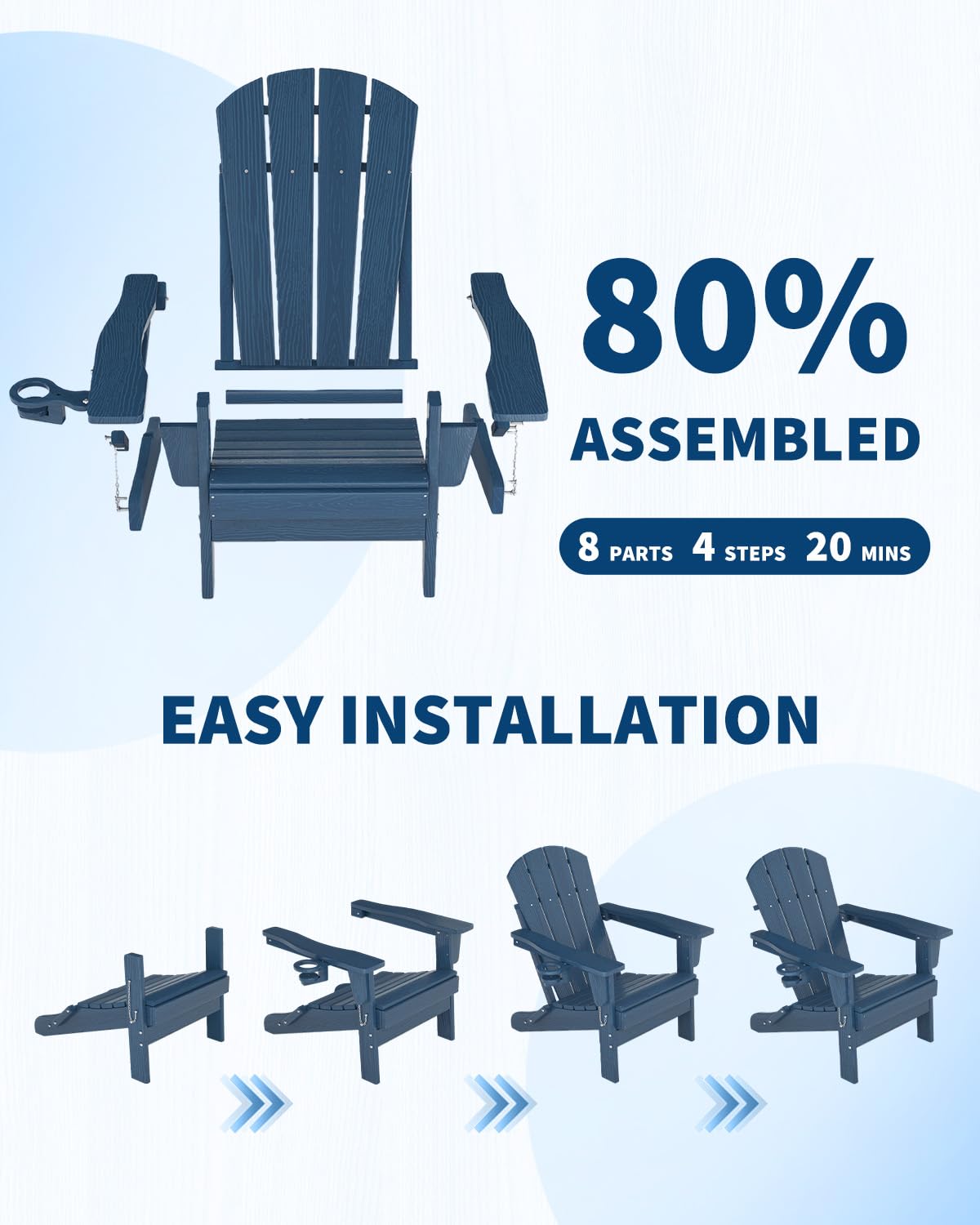 Navy Blue HDPE Folding Adirondack Chair Set of 6 with Cup Holder W3728