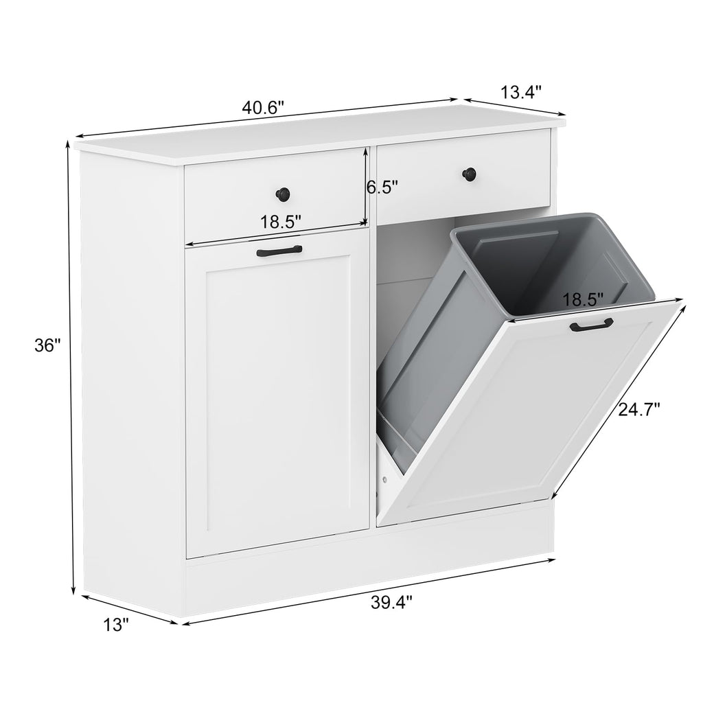 White 20 Gallons Wooden Tilt Out Trash Can Cabinet with 2 Drawers A19339