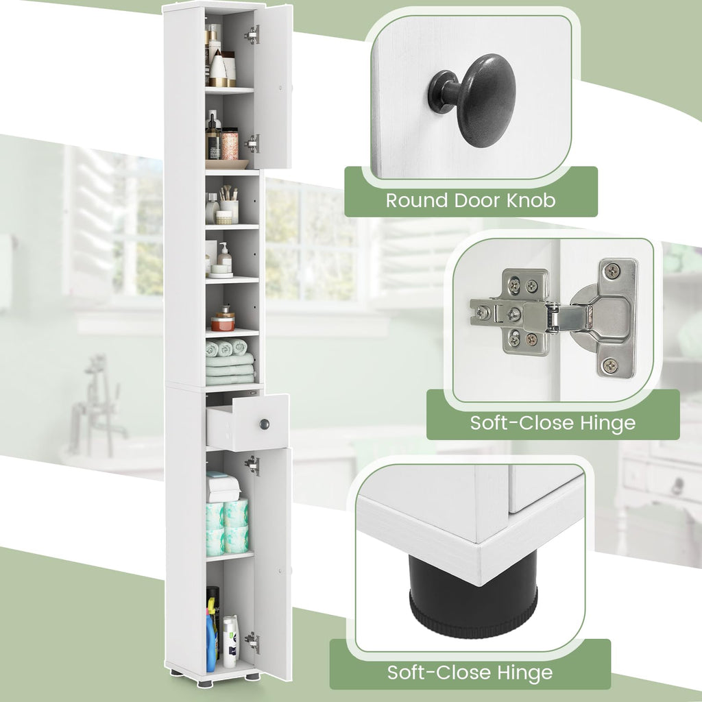 White Tall Slim Bathroom Storage Cabinet with 2 Doors 1 Drawer Q29486