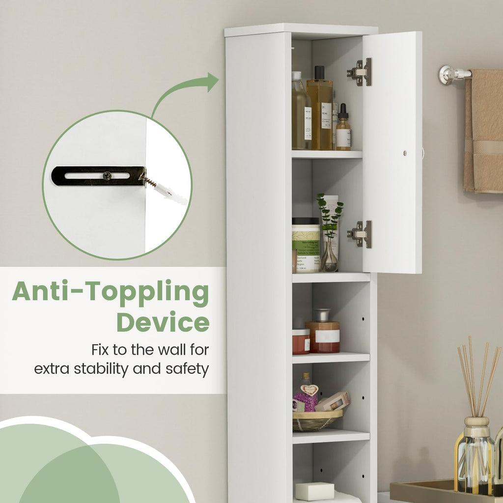 White Tall Slim Bathroom Storage Cabinet with 2 Doors 1 Drawer Q29486