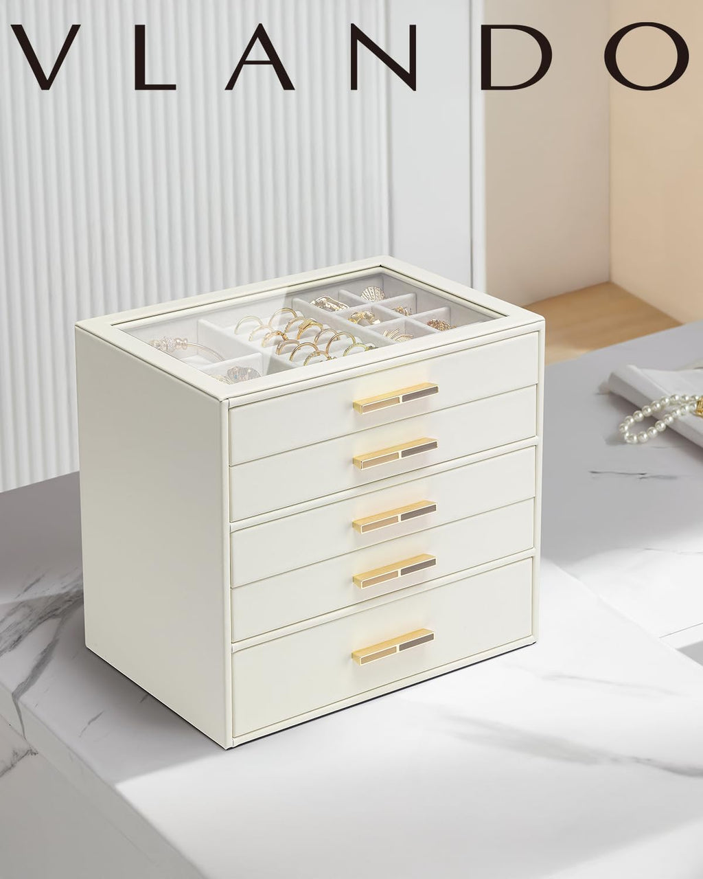 5 Layer Glass Lid Jewelry Organizer with 5 Drawers Z607422