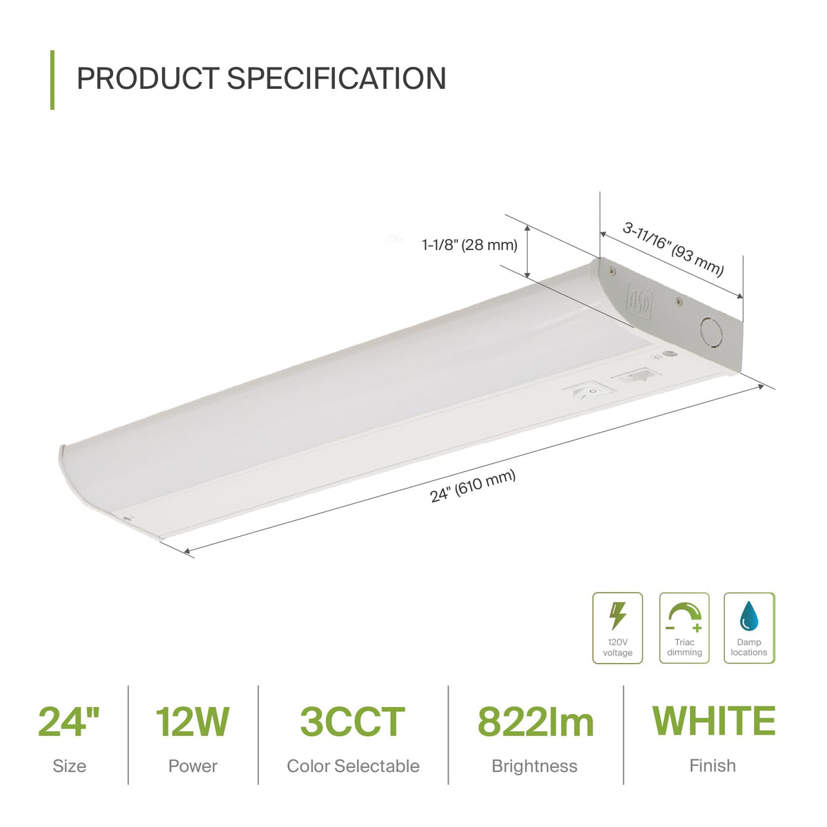 24 inch 12W Dimmable LED Under Cabinet Lighting 2 Pack X343
