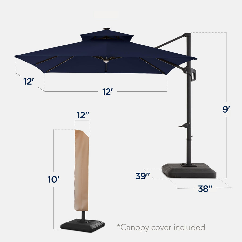 12x12ft LED Cantilever Patio Umbrella with Base and 360° Rotation F56827