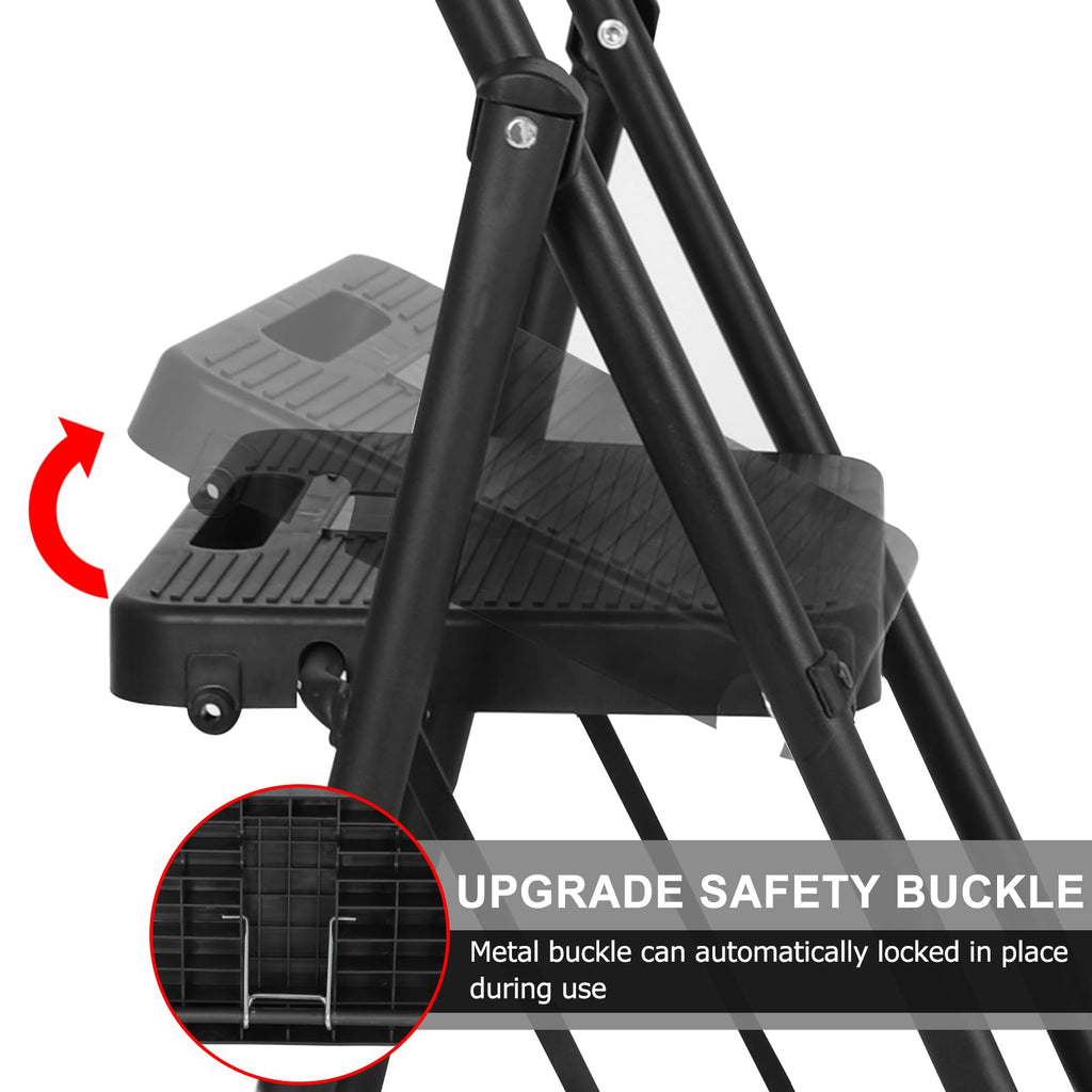 3 Step Folding Ladder with Handrails and Tool Bag, 500 lbs, Black E49046