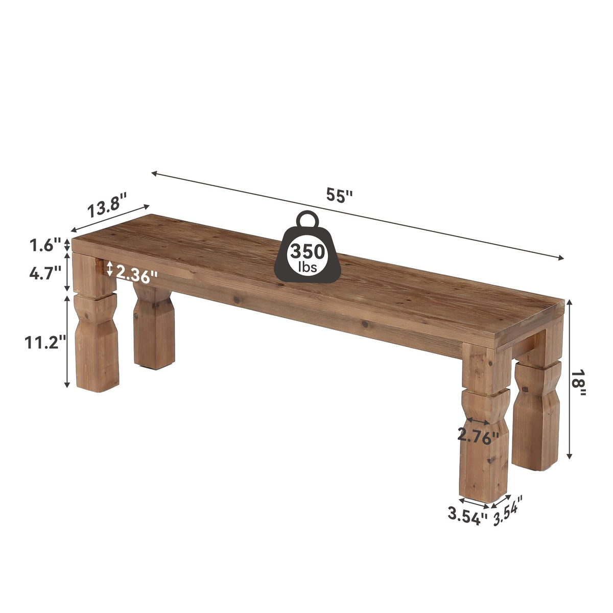 Solid Wood Bench 55-Inch Long Rustic Brown R7497
