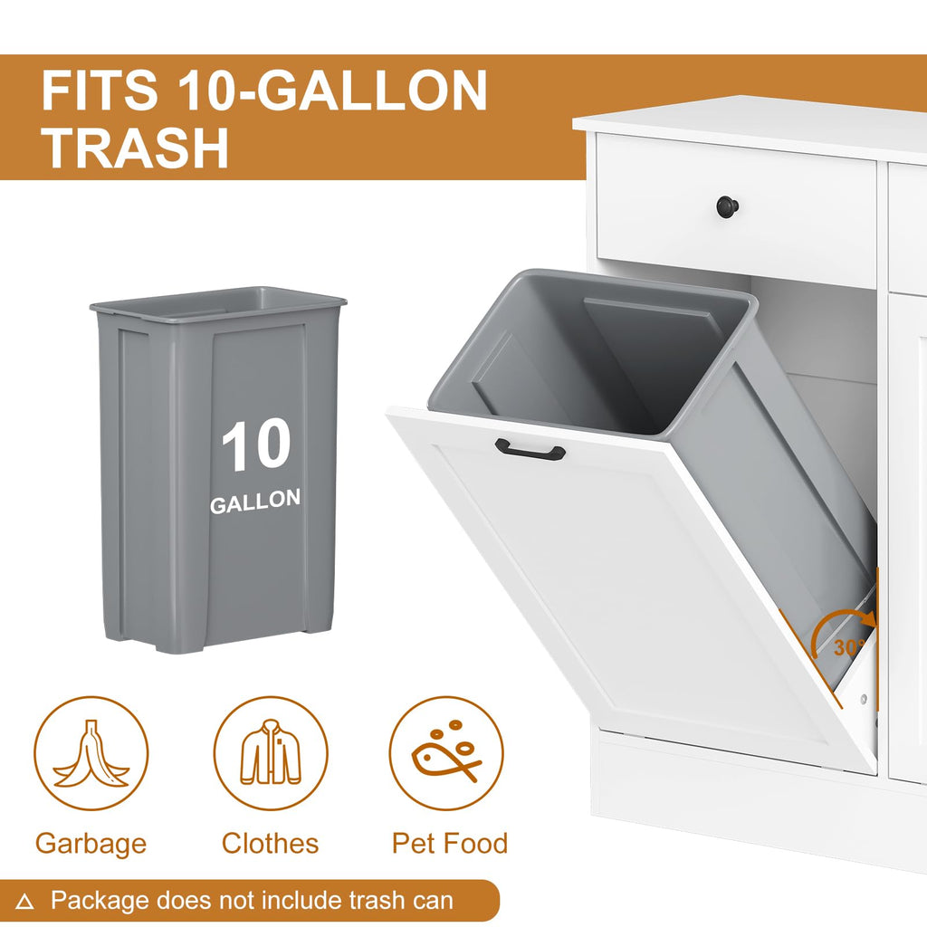 White 20 Gallons Wooden Tilt Out Trash Can Cabinet with 2 Drawers A19339
