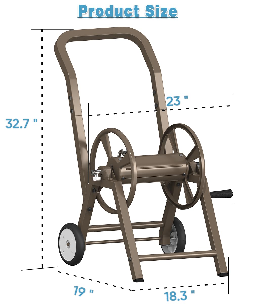 Garden Hose Reel Cart with Wheels, Holds 165 ft of 5/8'' Hose, Heavy Duty Steel, Brown J972