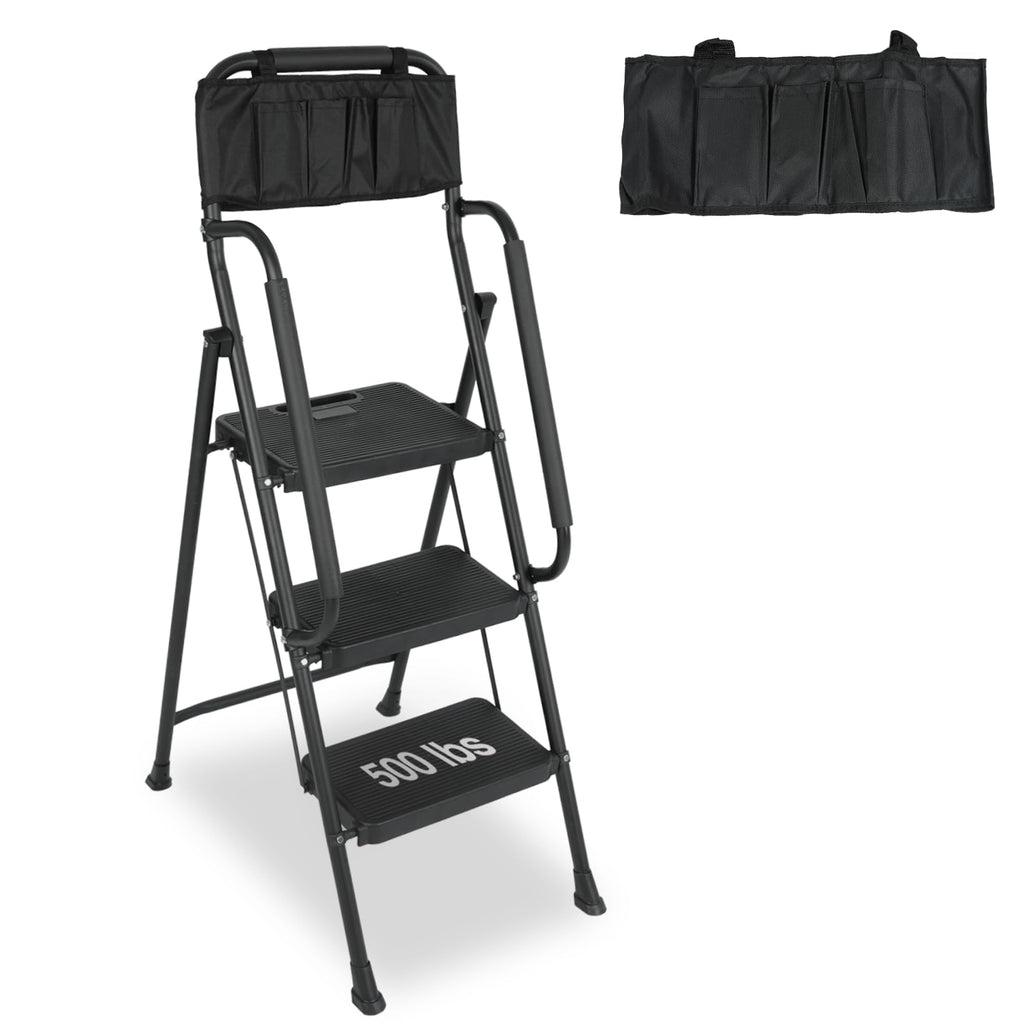 3 Step Folding Ladder with Handrails and Tool Bag, 500 lbs, Black E49046