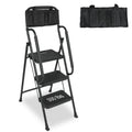 3 Step Folding Ladder with Handrails and Tool Bag, 500 lbs, Black E49046