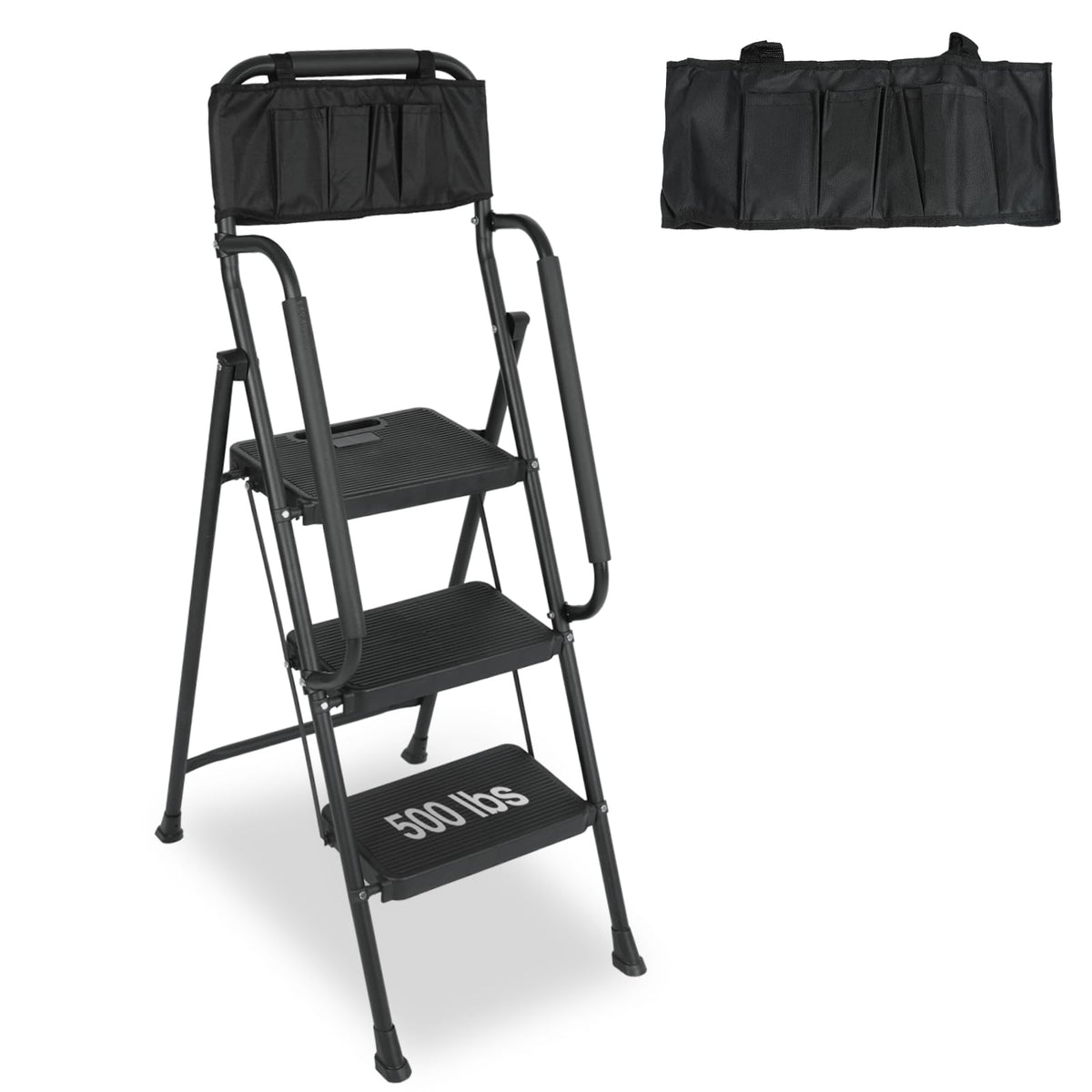 3 Step Folding Ladder with Handrails and Tool Bag, 500 lbs, Black E49046