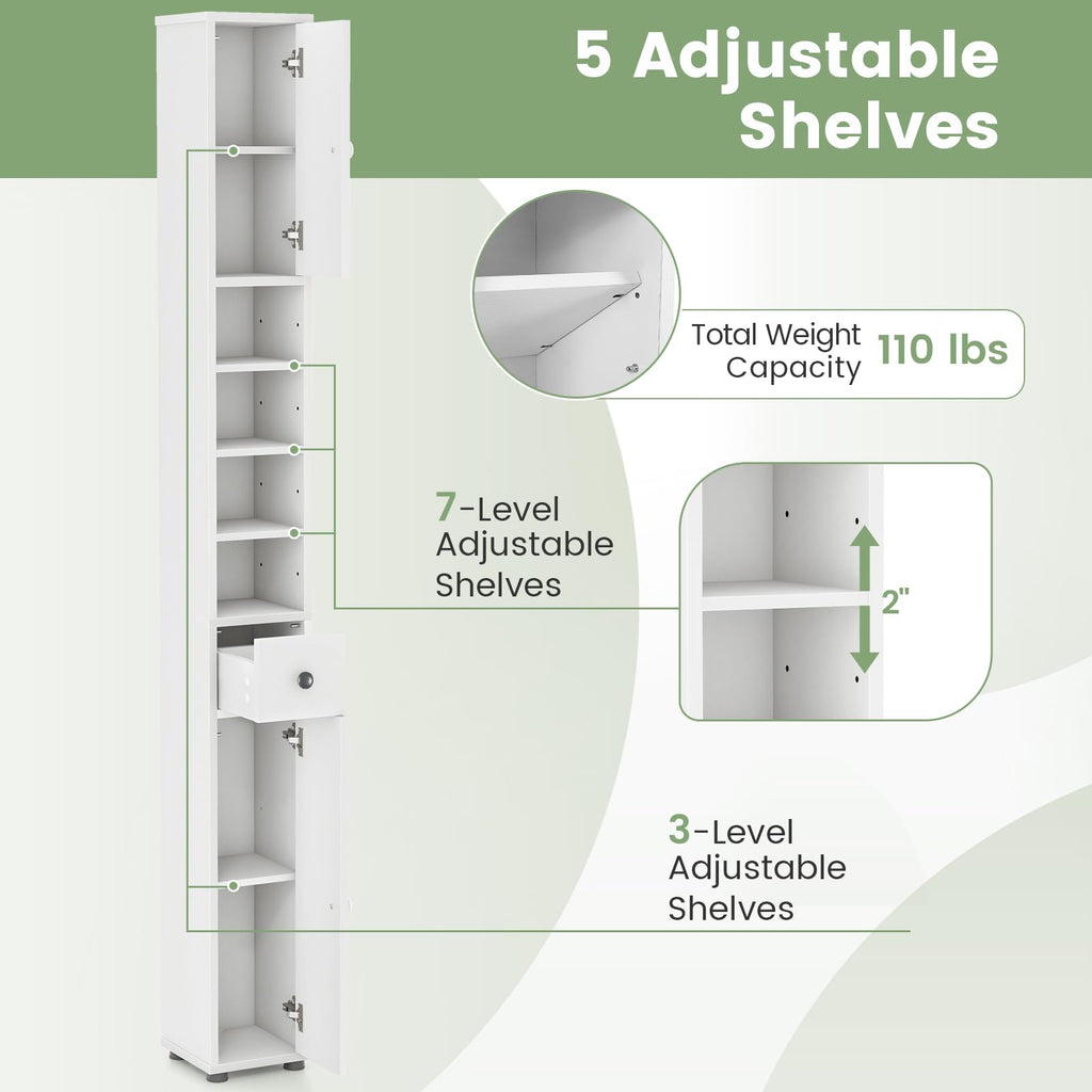 White Tall Slim Bathroom Storage Cabinet with 2 Doors 1 Drawer Q29486