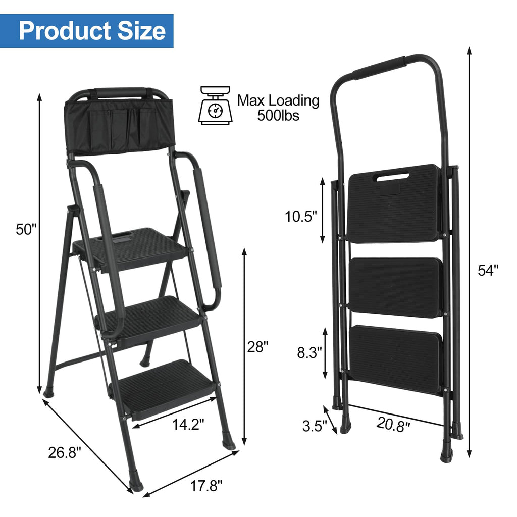 3 Step Folding Ladder with Handrails and Tool Bag, 500 lbs, Black E49046