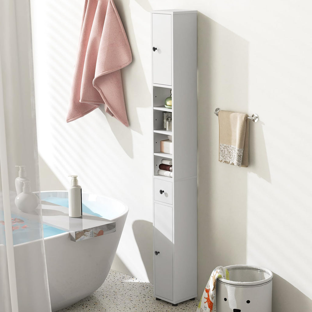 White Tall Slim Bathroom Storage Cabinet with 2 Doors 1 Drawer Q29486