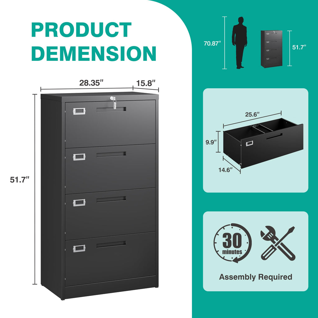 Black 4 Drawer Metal Lateral File Cabinet with Lock H2820