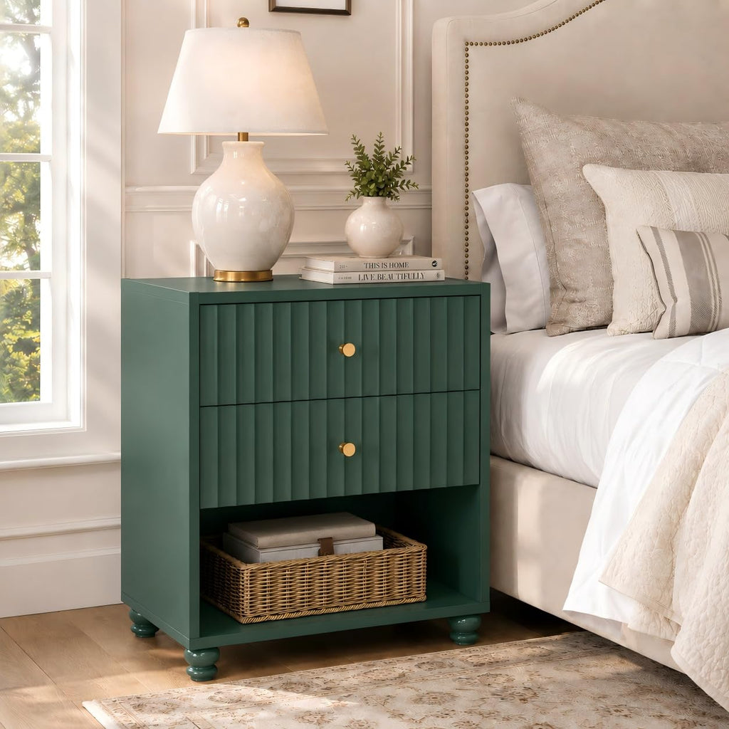 Green 2 Drawer Nightstand with Open Shelf R6871