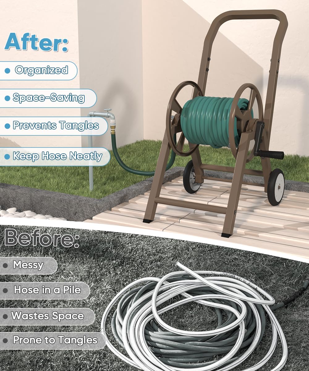 Garden Hose Reel Cart with Wheels, Holds 165 ft of 5/8'' Hose, Heavy Duty Steel, Brown J972