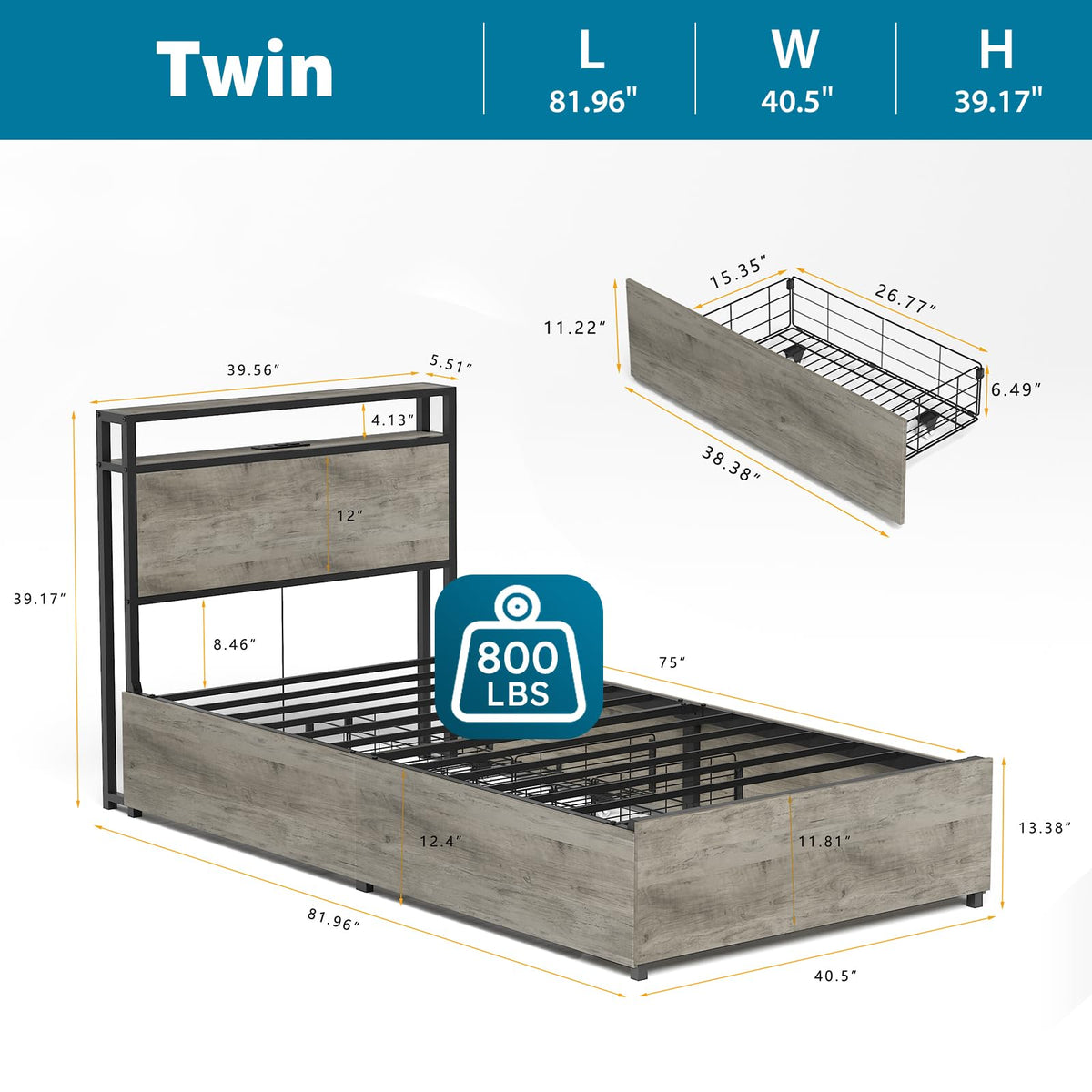 Twin Size Bed Frame with 4 Storage Drawers U810