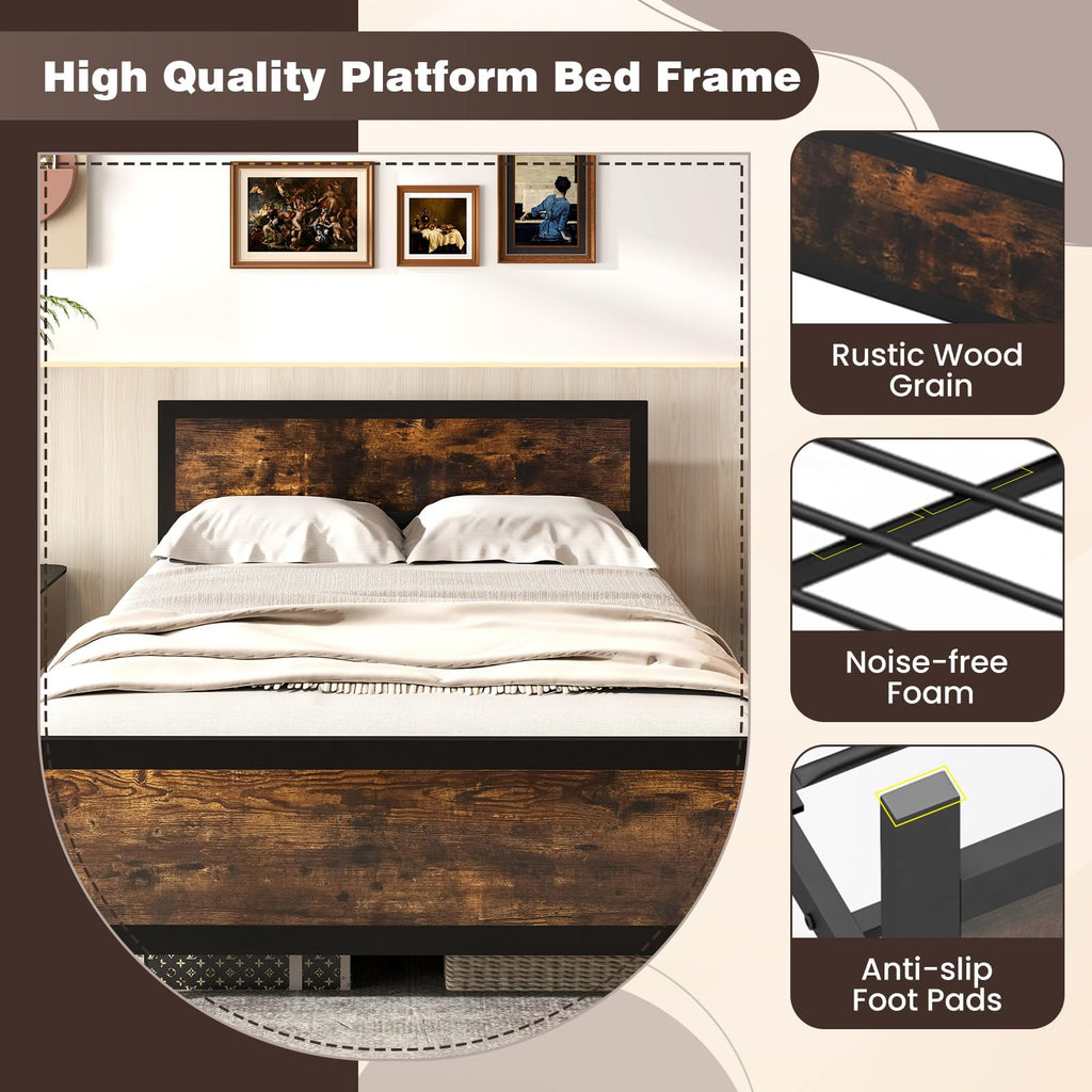 Metal Full Size Platform Bed Frame with Wood Headboard and Footboard K2336