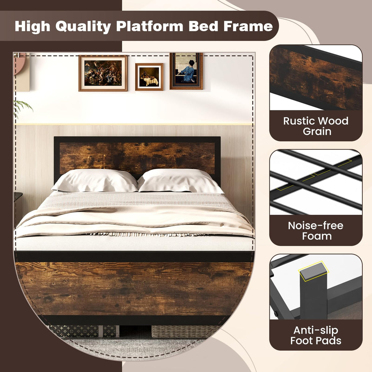 Metal Full Size Platform Bed Frame with Wood Headboard and Footboard K2336