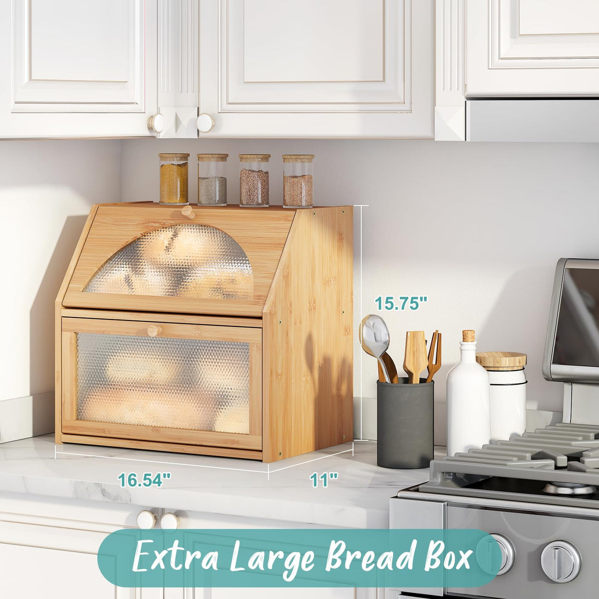 Extra Large Bamboo Wood Double Layer Bread Box X3450