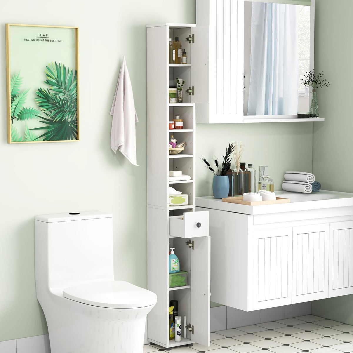 White Tall Slim Bathroom Storage Cabinet with 2 Doors 1 Drawer Q29486