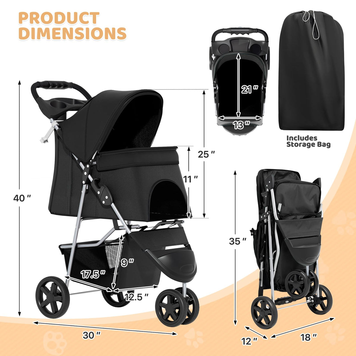 3-Wheel Pet Stroller for Small/Medium Dog Cat, Up to 33lbs, Black A5546