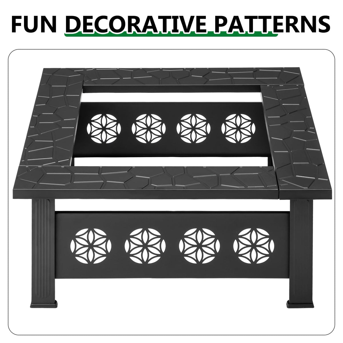 32 Inch Square Wood Burning Fire Pit Table with Spark Screen Lid and Fire Poker T48674