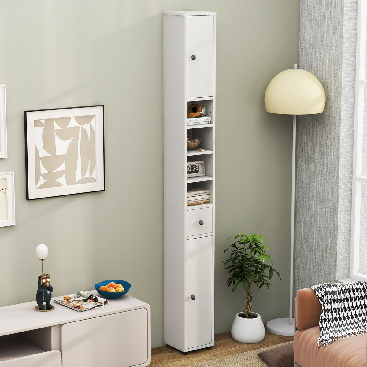 White Tall Slim Bathroom Storage Cabinet with 2 Doors 1 Drawer Q29486