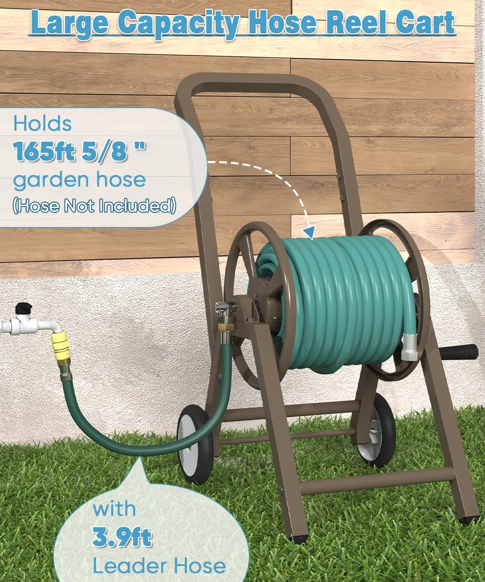 Garden Hose Reel Cart with Wheels, Holds 165 ft of 5/8'' Hose, Heavy Duty Steel, Brown J972