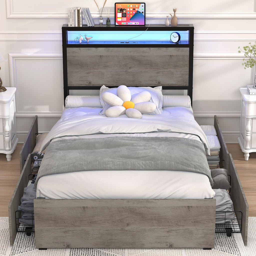Twin Size Bed Frame with 4 Storage Drawers U810