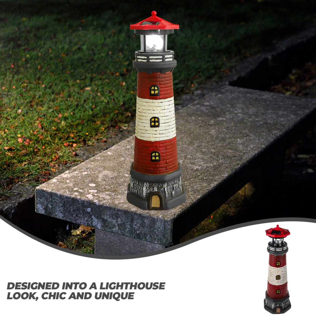 Solar Lighthouse with Rotating LED Lights 15 Inch Tall K359056