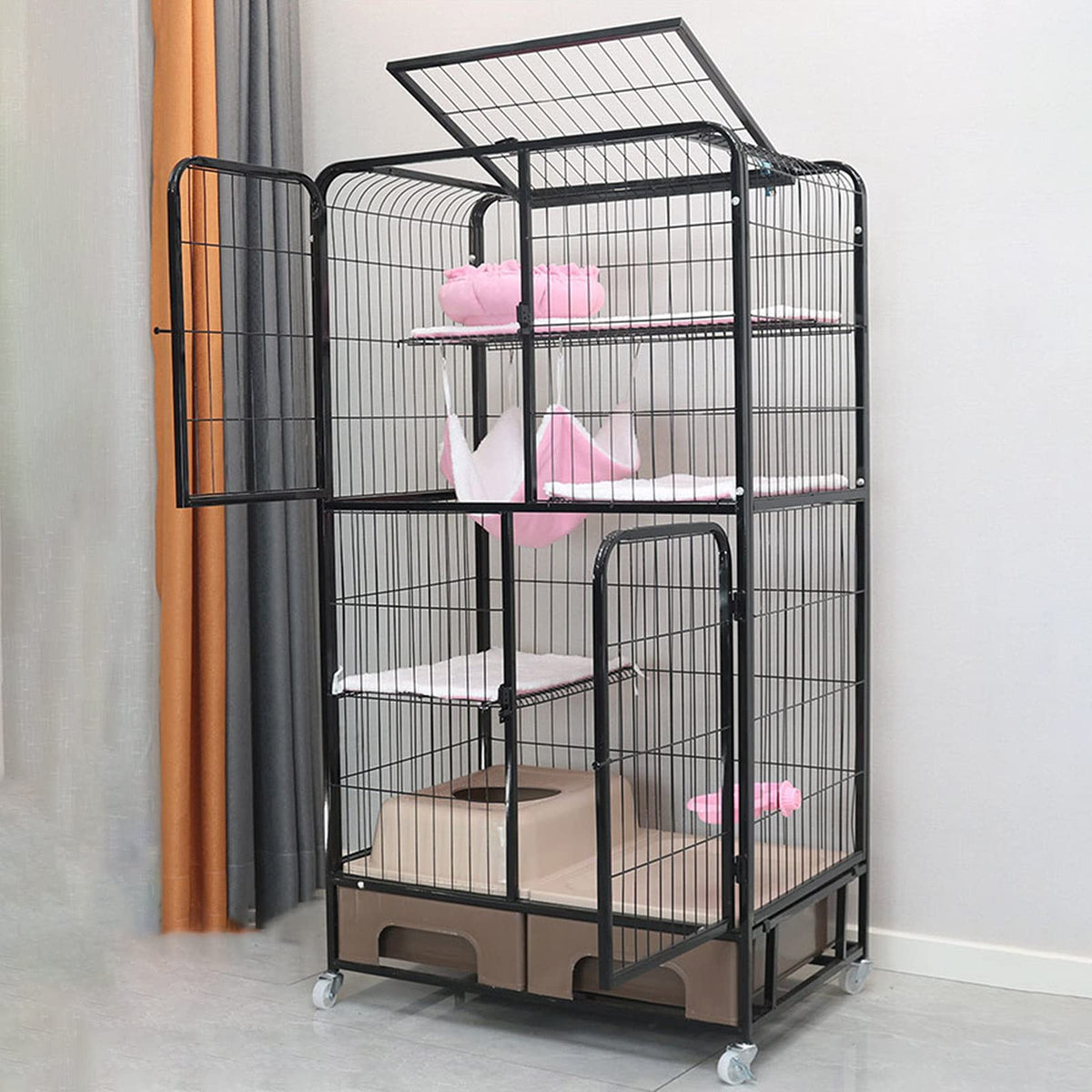 Black Four Layer Metal Cat Cage Dog Crate J43717