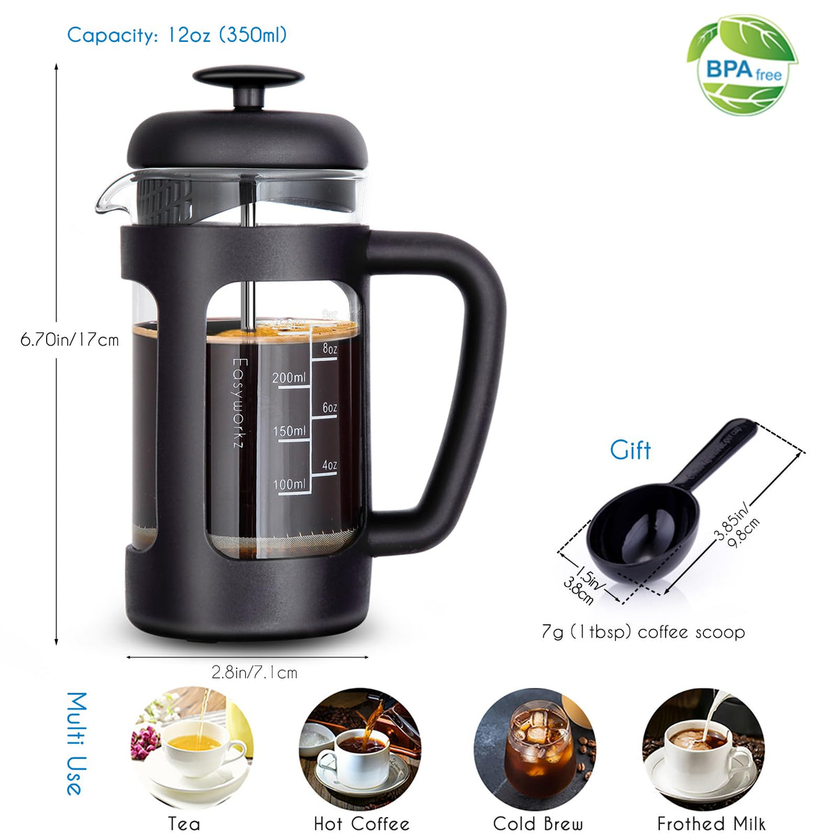 12 oz French Press Coffee Tea Maker with Measuring Coffee Spoon E1610