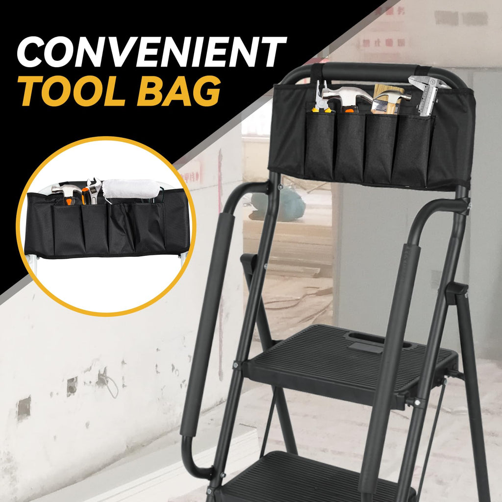3 Step Folding Ladder with Handrails and Tool Bag, 500 lbs, Black E49046