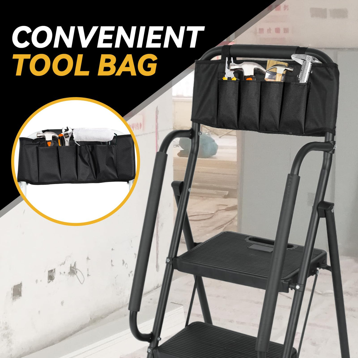 3 Step Folding Ladder with Handrails and Tool Bag, 500 lbs, Black E49046