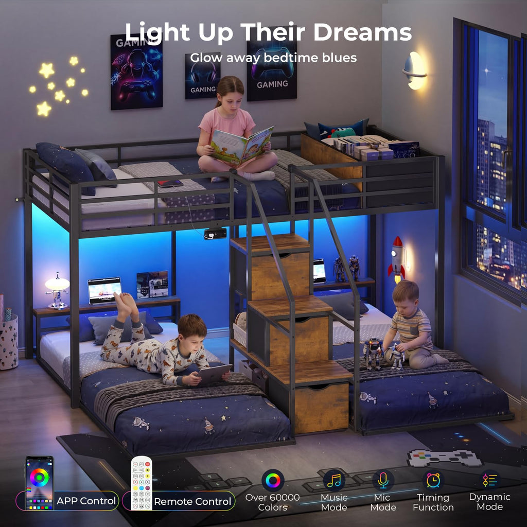 Black Triple Bunk Bed Twin Over Twin with Storage Staircase H2445