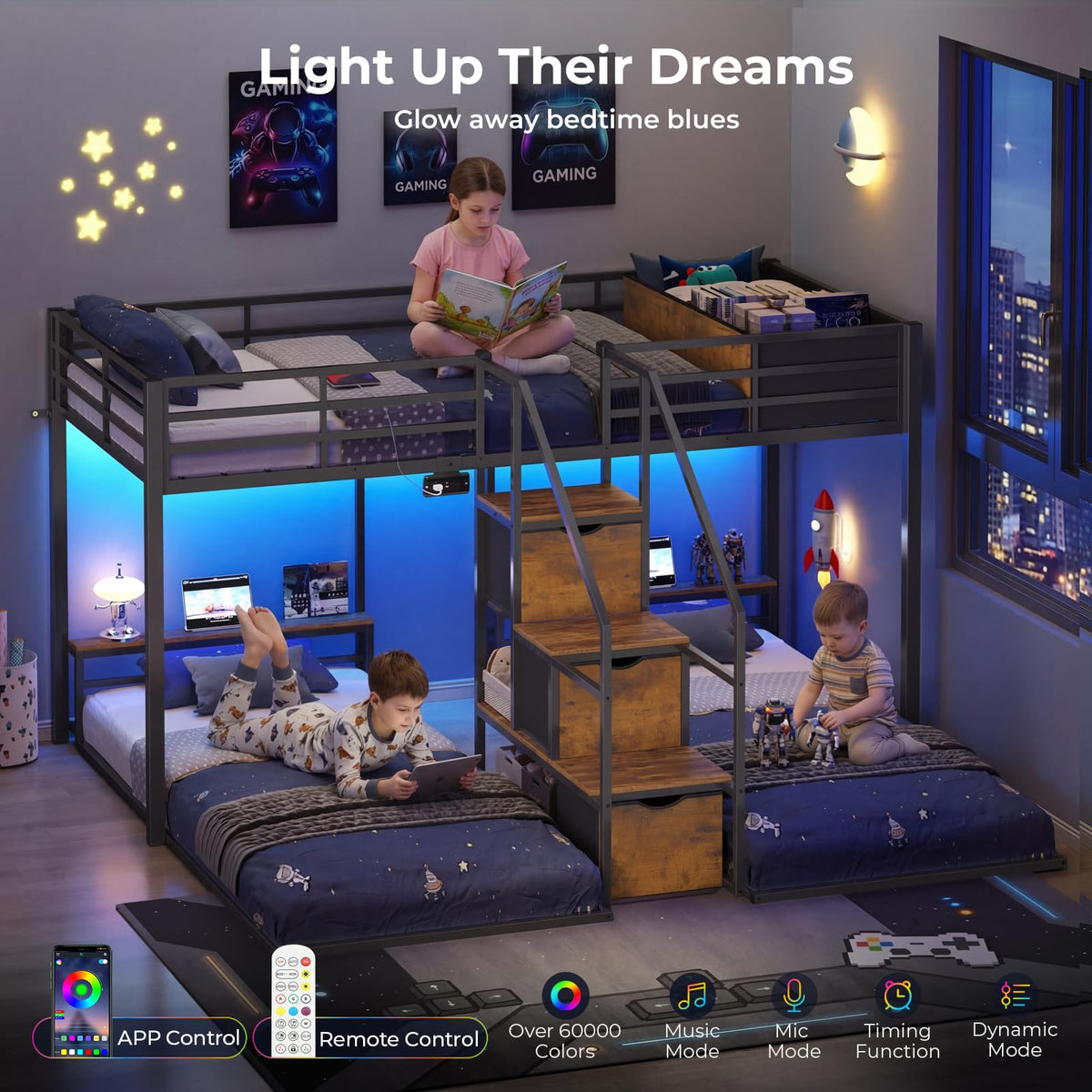Black Triple Bunk Bed Twin Over Twin with Storage Staircase H2445