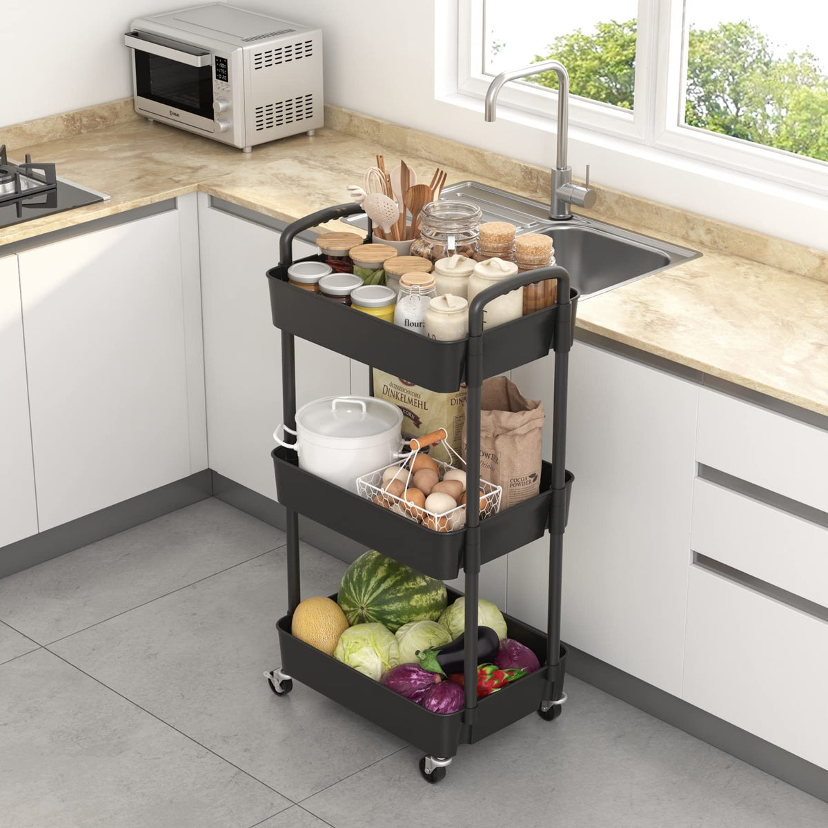 3-Tier Plastic Rolling Utility Cart with Wheels O177266