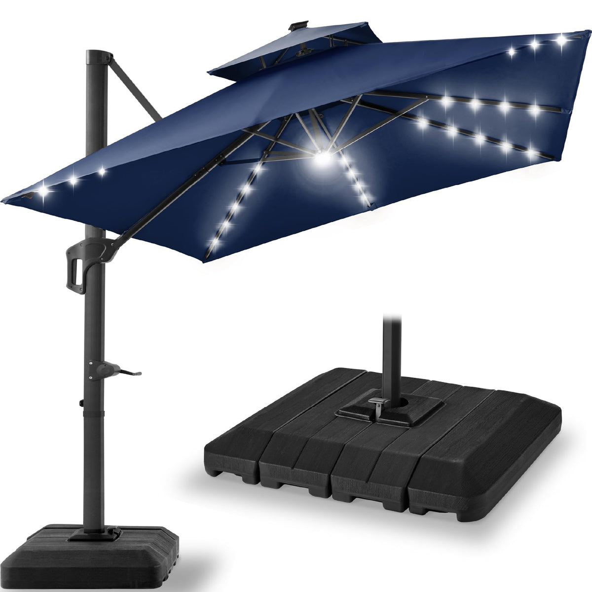 12x12ft LED Cantilever Patio Umbrella with Base and 360° Rotation F56827