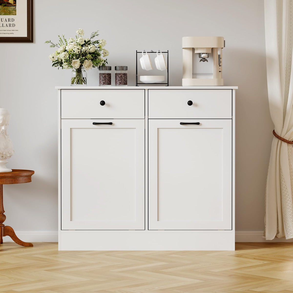 White 20 Gallons Wooden Tilt Out Trash Can Cabinet with 2 Drawers A19339