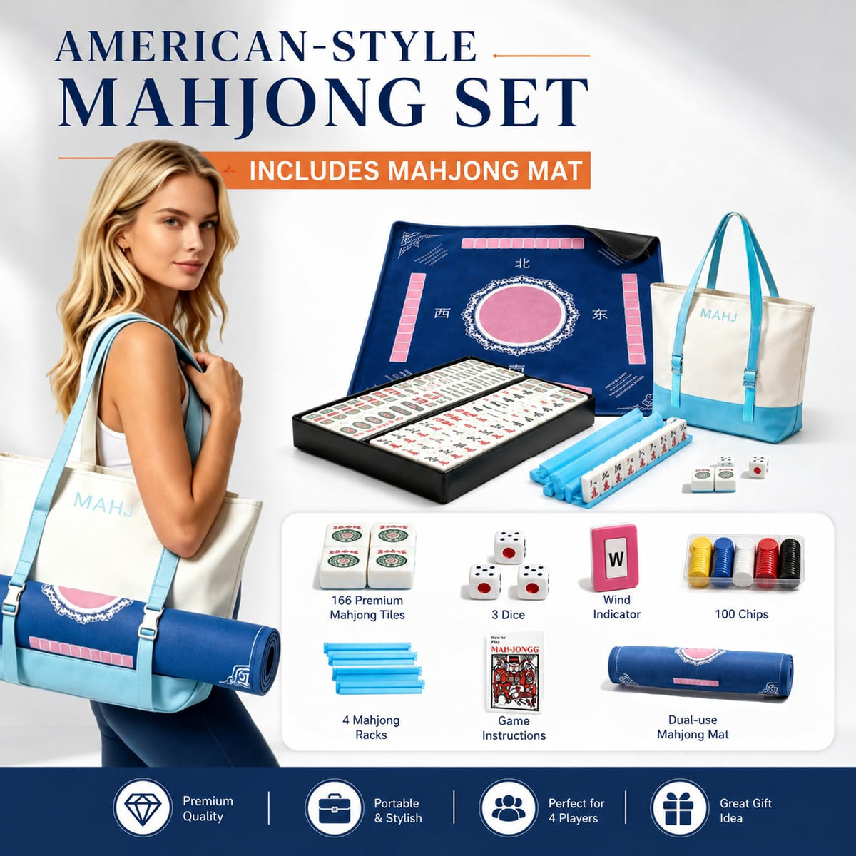 166 Deep Engraved Melamine Mahjong Set with Mat and 4 Racks D828
