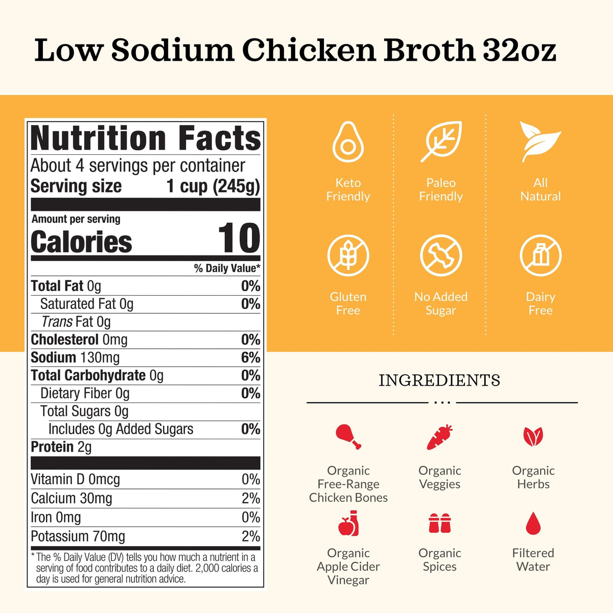 Low Sodium Chicken Broth Pack of 4 Organic 32 oz O386