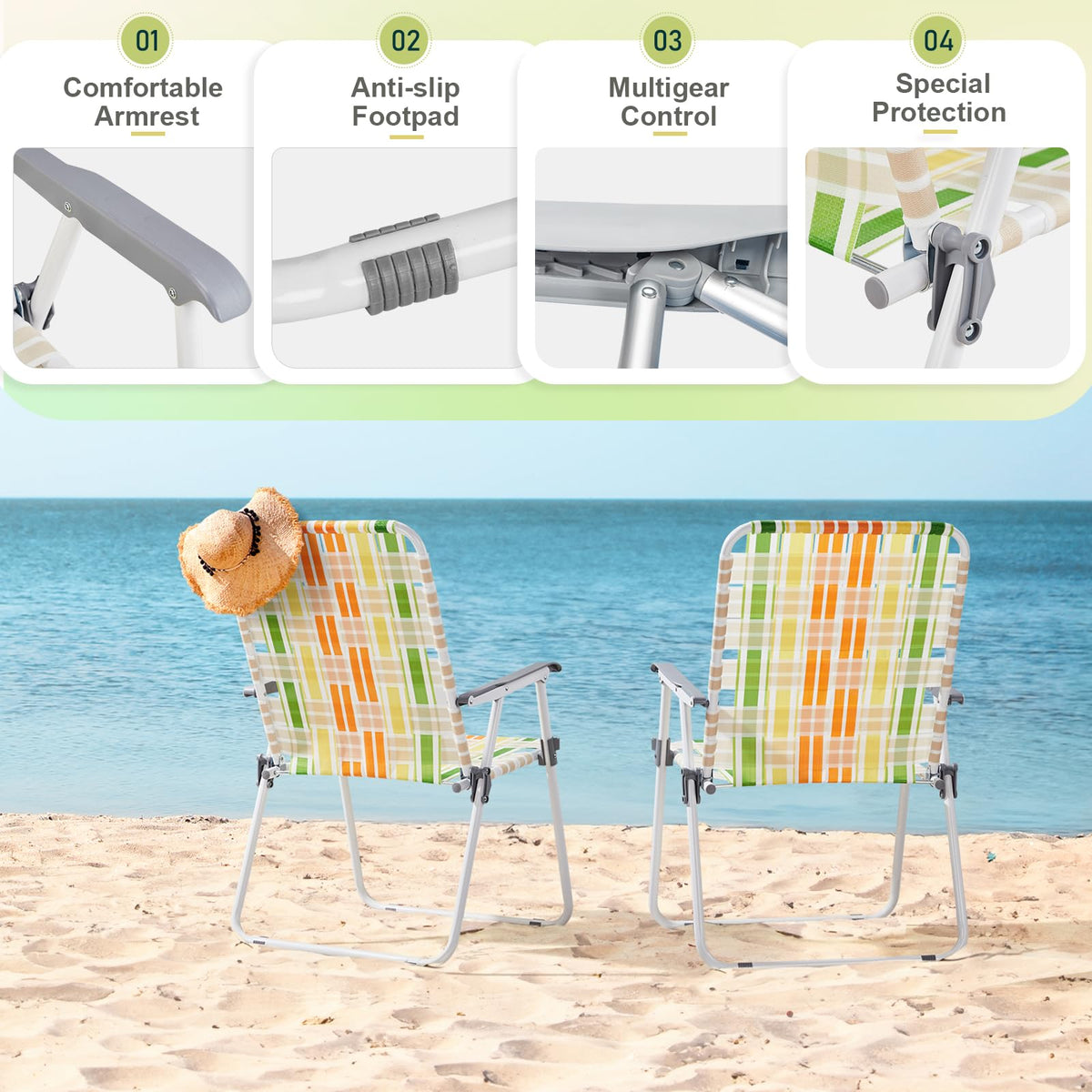 Yellow & Green Webbed Lawn Chairs Set of 2 P427