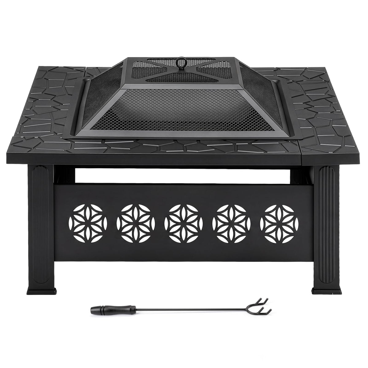 32 Inch Square Wood Burning Fire Pit Table with Spark Screen Lid and Fire Poker T48674