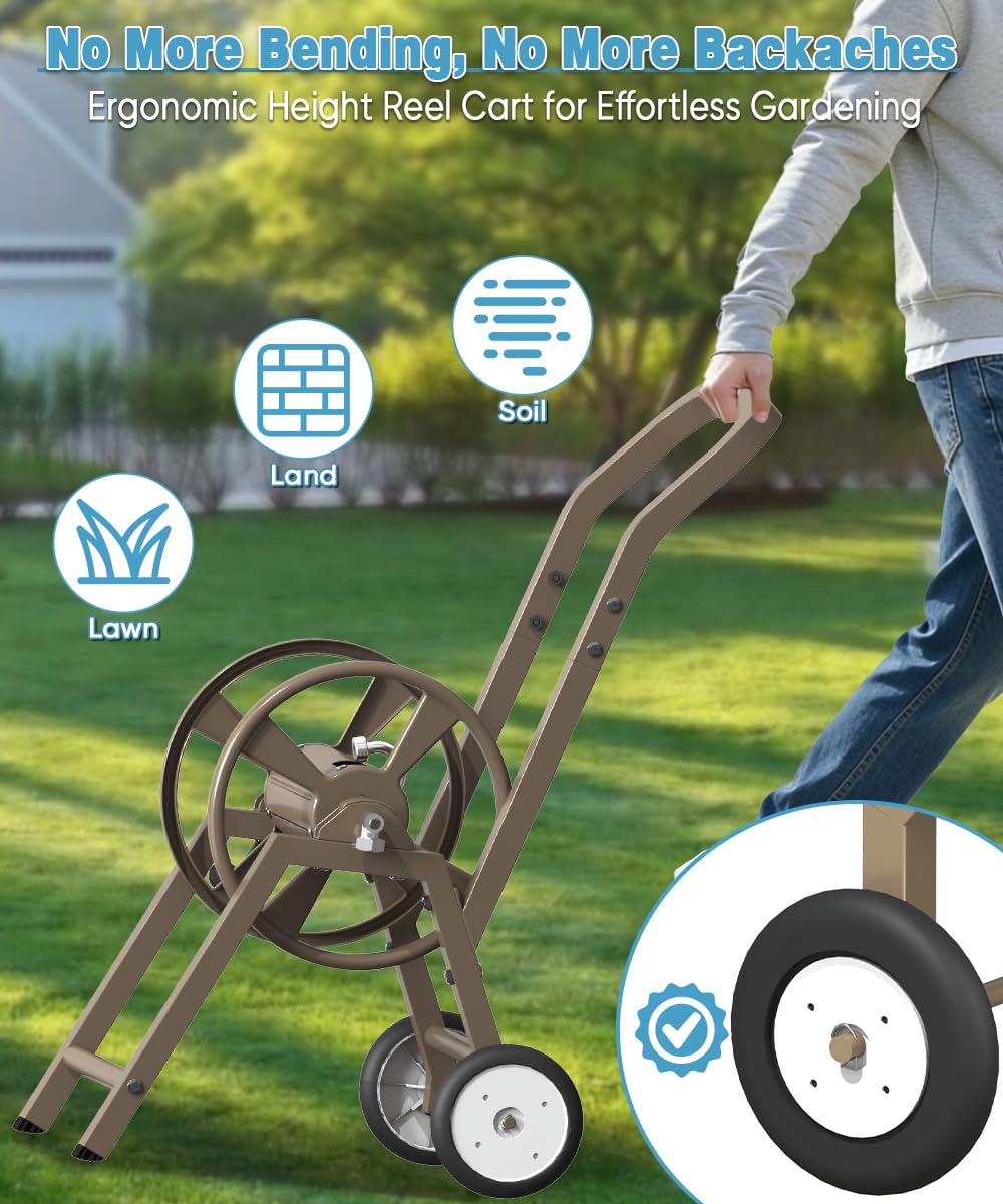 Garden Hose Reel Cart with Wheels, Holds 165 ft of 5/8'' Hose, Heavy Duty Steel, Brown J972